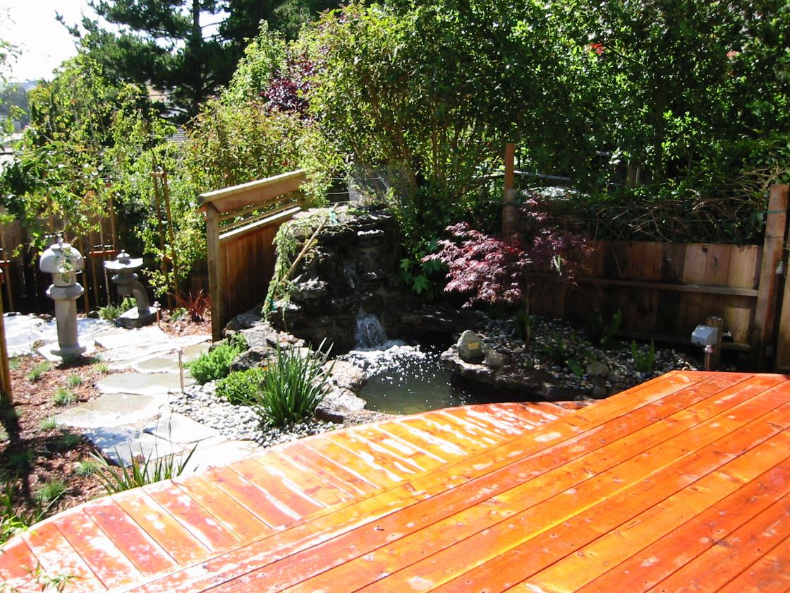 custom build cedar deck overlooking waterfall and koi pond