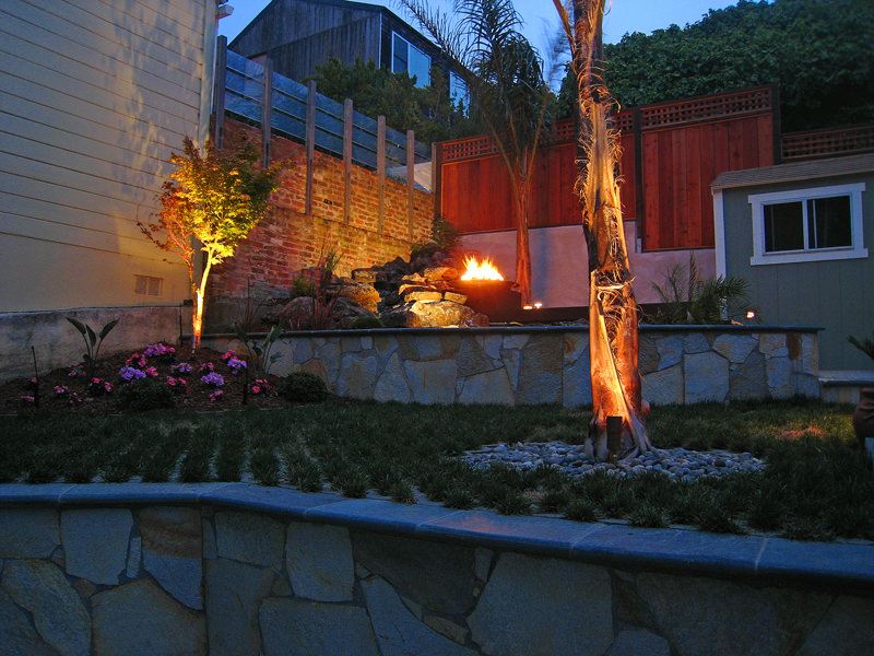 firepit and palm landscape lighting