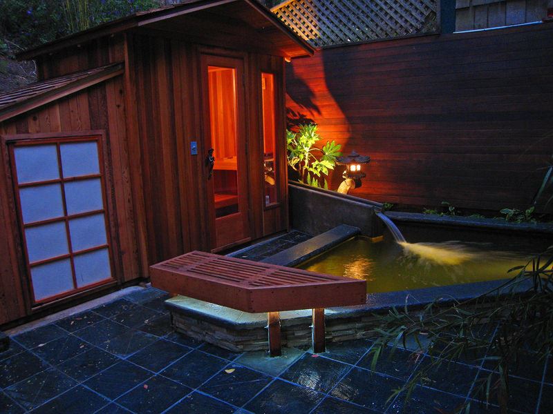outdoor spa and koi pond lighting