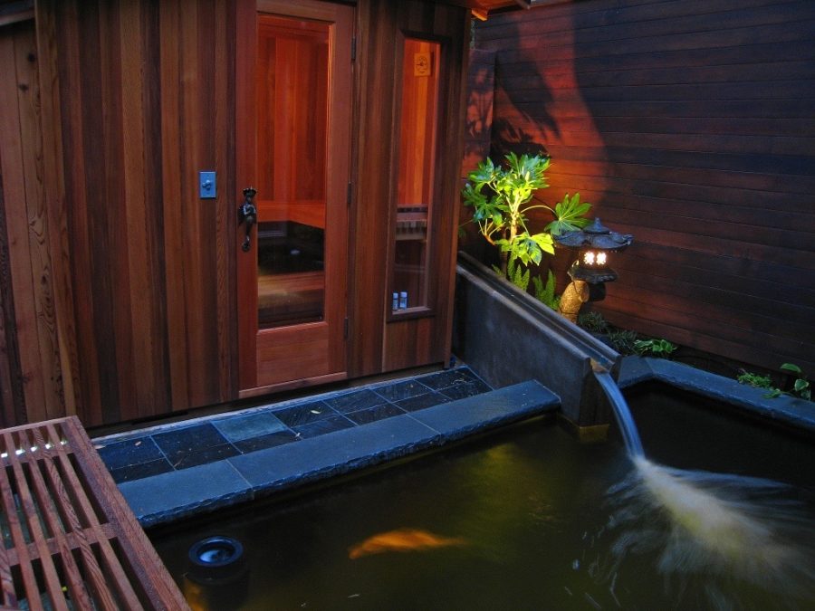 Tranquil water feature and sauna