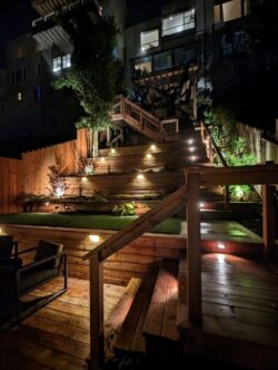 Ashbury Heights completed project at night from bottom deck looking up.