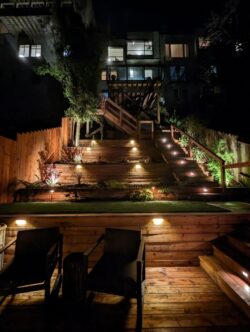 Ashbury Heights retaining wall and stairs lit up with downlight and step lights at night.