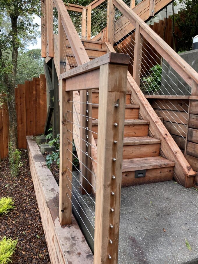 Redwood stairs with stainless steel cable system installed in Asbury Heights, San Francisco
