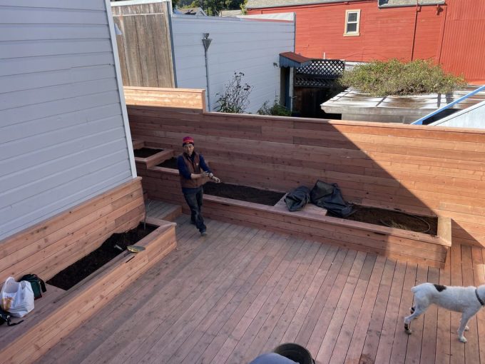 Completed deck and raised planters at Bernal Height project. Paul walking in front of planters and dog in foreground.