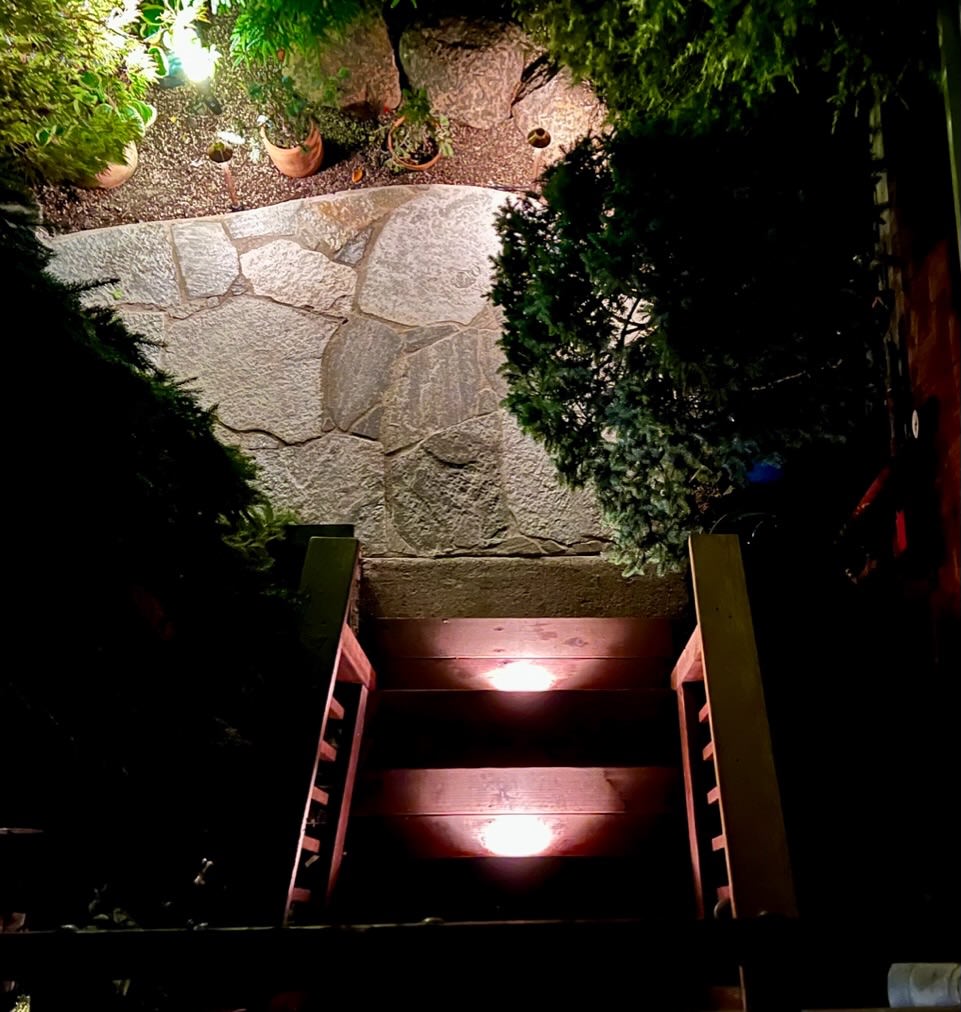 Stone details of beautifully laid quartzite flagstone walkway at night. Varying shades of dark and light gray and silver stone.